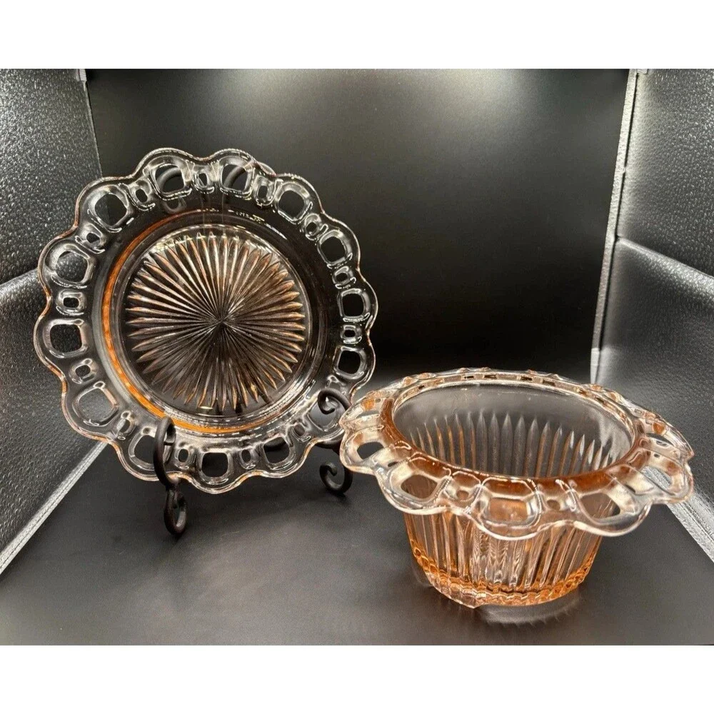 Set Of 2 Vintage Anchor Hocking Pink Depression Colony Style Glass Plate & Dish